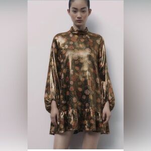 New Zara Metallic Floral Long Sleeve Dress